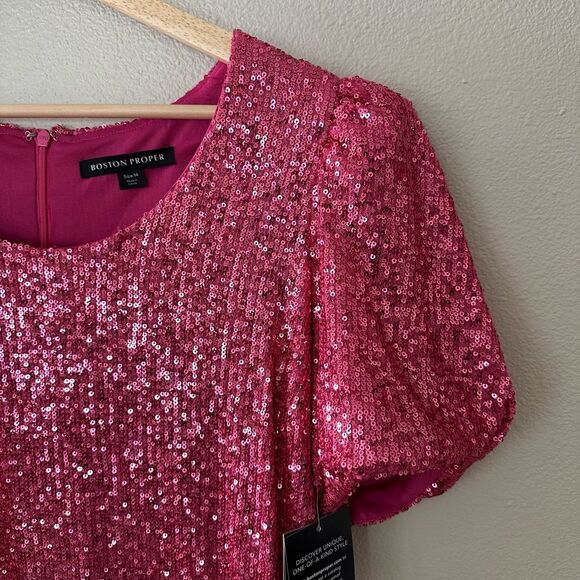 Boston Proper Sparkling Pink Sequin Short Sleeve Mini Dress Size 14 - Picture 5 of 9